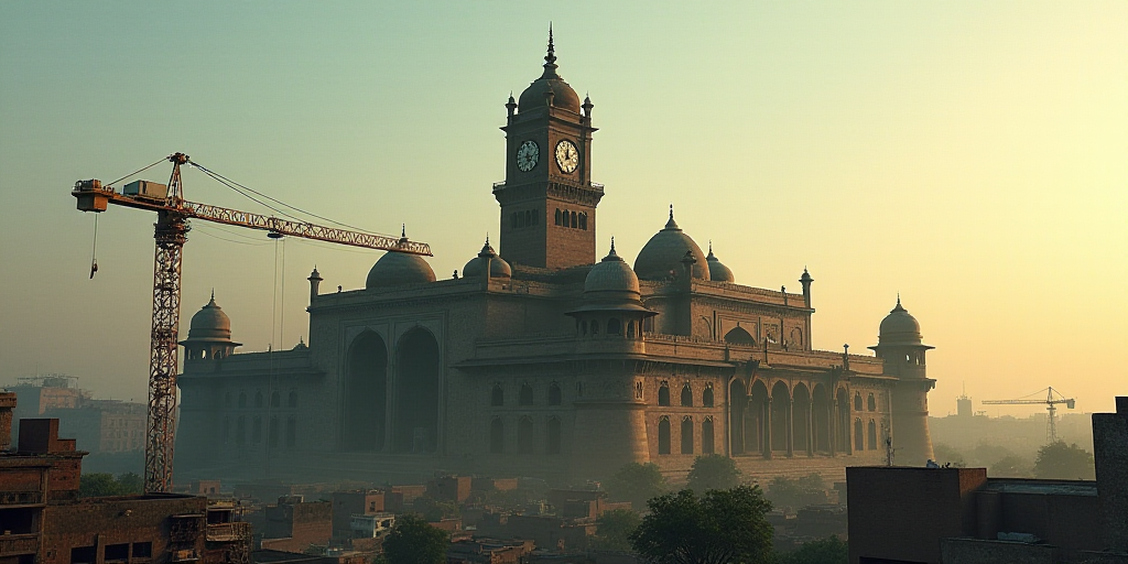 a large building with a clock tower in the middle of it's roof line and a crane in front of it, Bapu