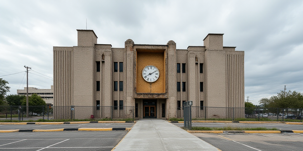 a large building with a clock on the front of it's face and a fence around it and a parking lot, Dav