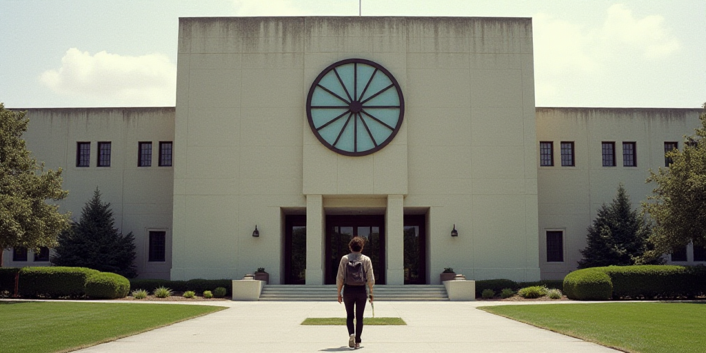 a large building with a clock on the front of it's face and a person walking in front of it, Frances