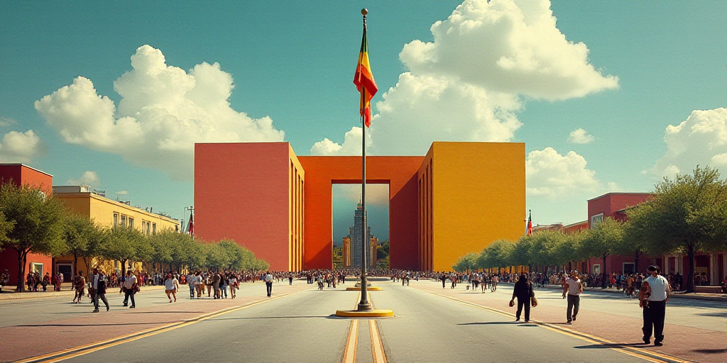 a large building with a flag flying in front of it and people walking around it in the middle of the