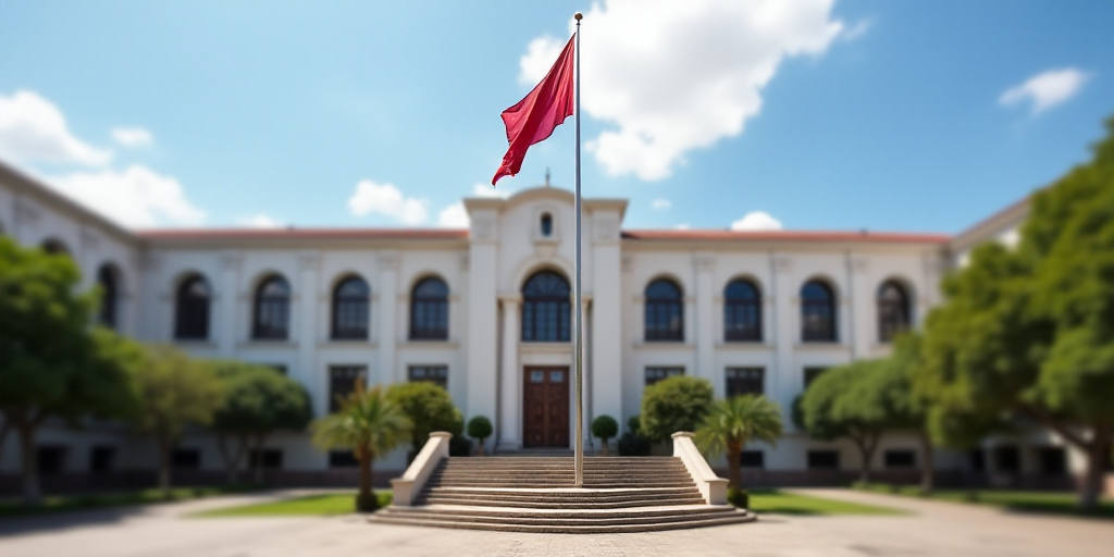 a large building with a flag flying in front of it and a flag pole in front of it and a flag pole in