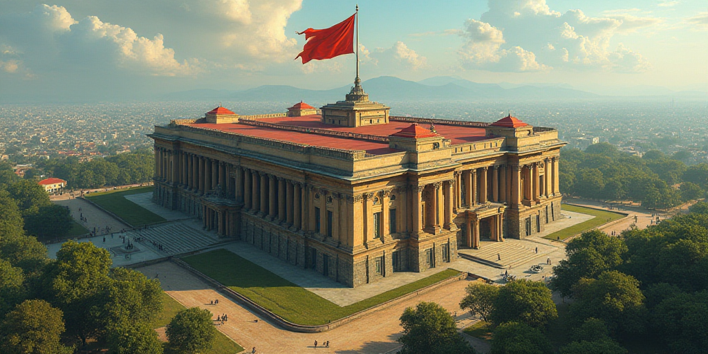 a large building with a flag on top of it's roof and a flag pole on top of it, Enguerrand Quarton, a