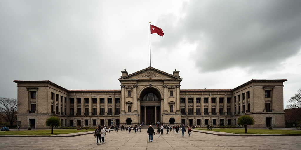 a large building with a flag on top of it and people walking around it on a cloudy day with a few cl