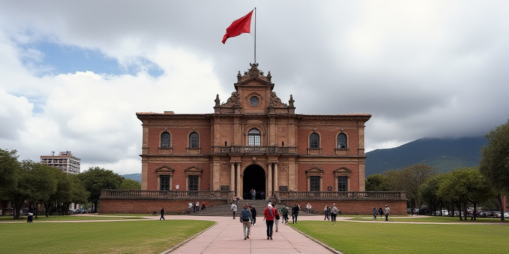a large building with a flag on top of it and people walking around it on a cloudy day with a few cl