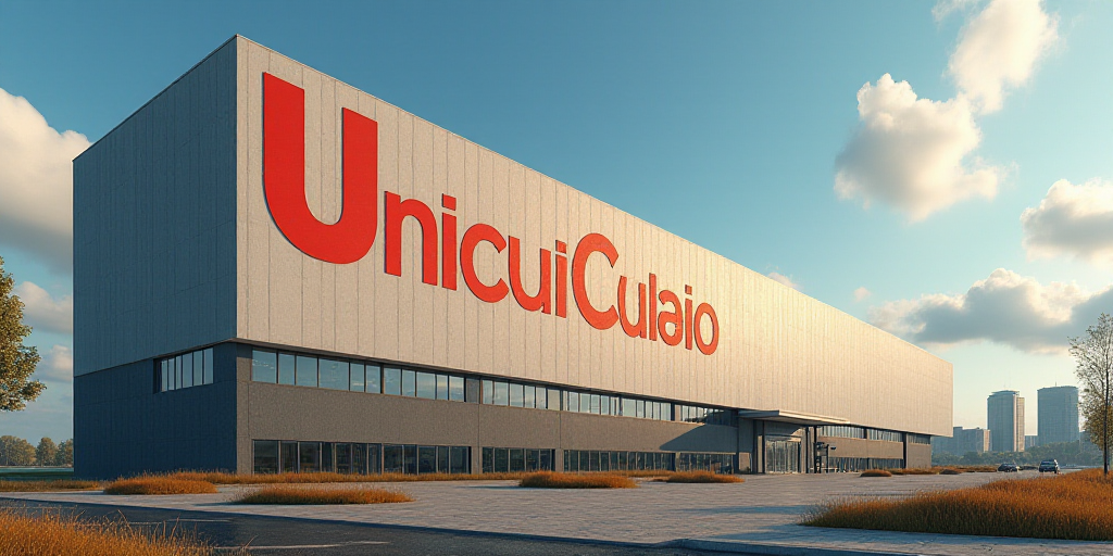 a large building with a large sign on it's side and a sky background that says unicred, Correggio, u