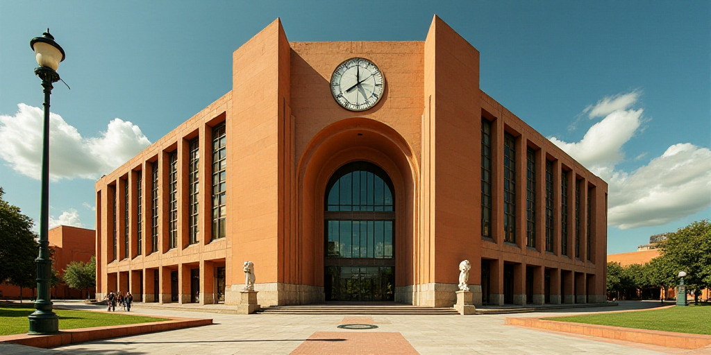 a large building with a lot of windows and a clock on the front of it's face and a street light, Dav