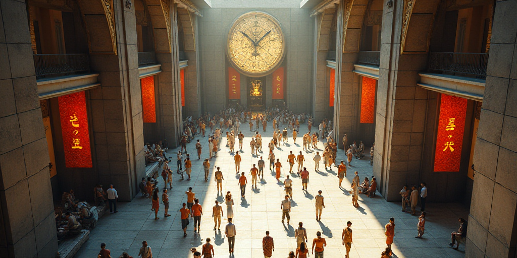 a large building with a lot of people inside of it and a clock on the wall above it and a few people
