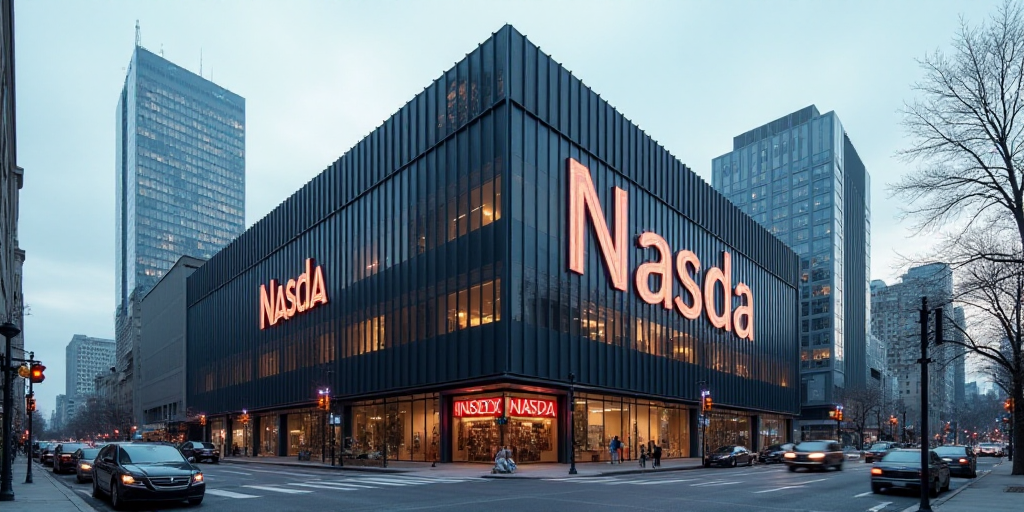 a large building with a nasda sign on it's side in a city street with tall buildings, Andries Stock,
