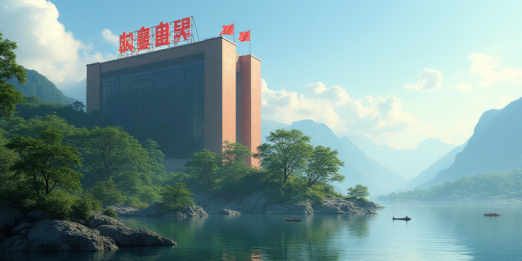 a large building with a sign on top of it next to a body of water and trees in front of it, Cui Bai,