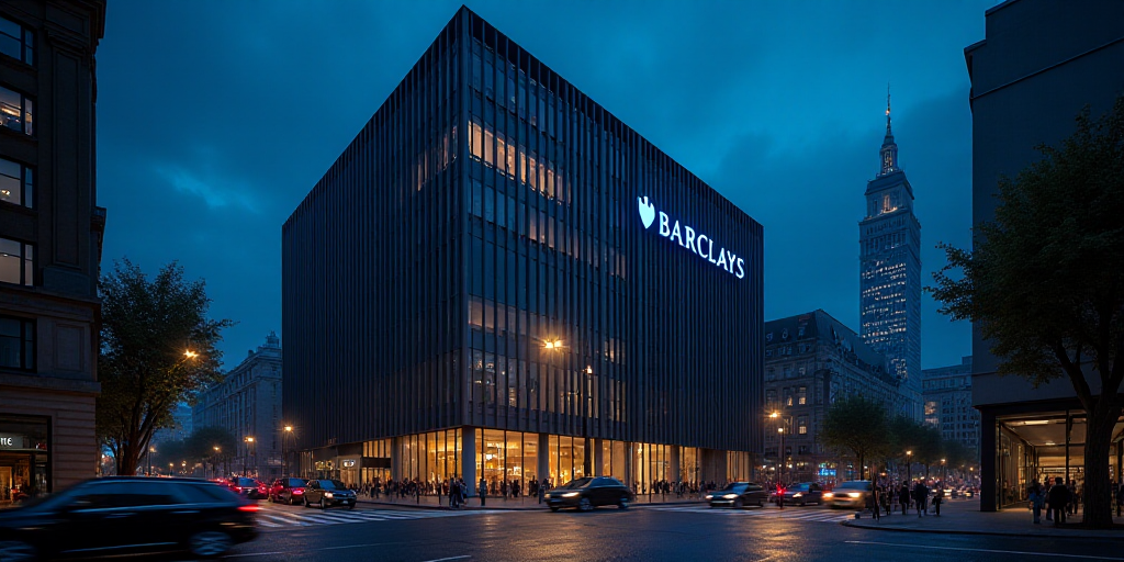 a large building with a sign that says barclays on it's side at night time with lights on, Charles B