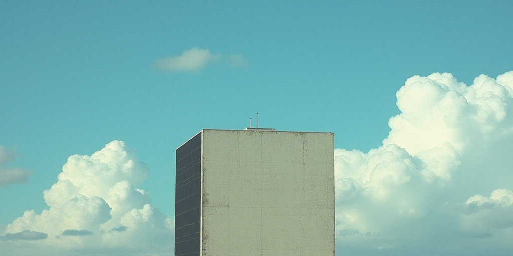 a large building with a sky background and a sky background with clouds in the background and a blue