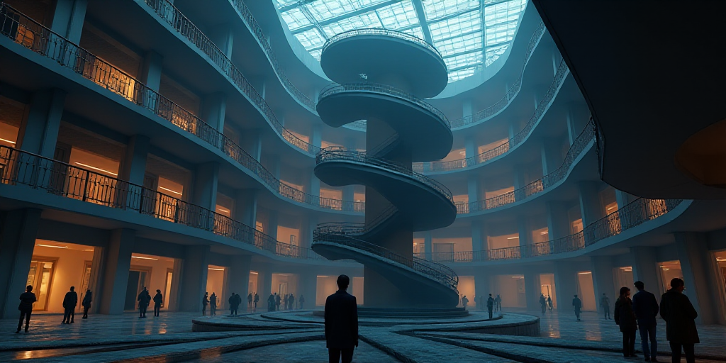 a large building with a spiral staircase in the center of it at night time with people watching from