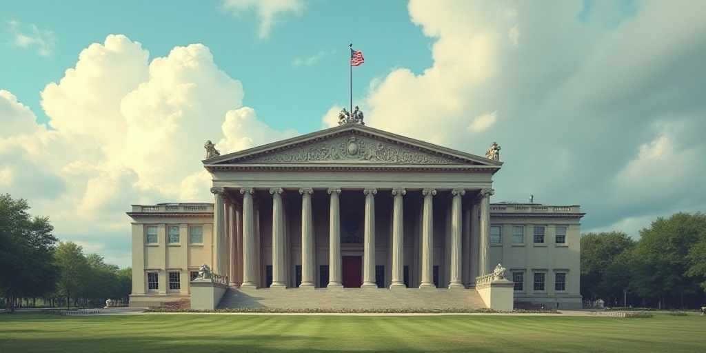 a large building with columns and a flag on top of it's roof and a cloudy sky in the background, Ann