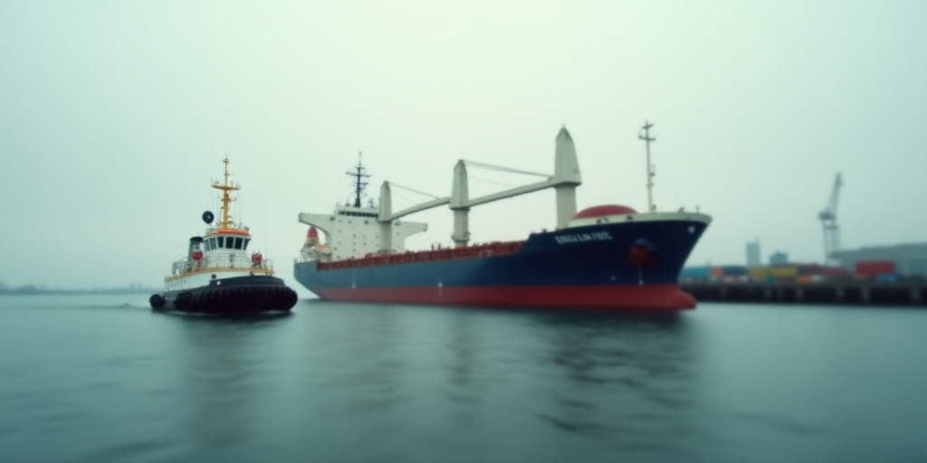 a large cargo ship in a large body of water next to a dock with a tug boat in the water, Eduardo Lef