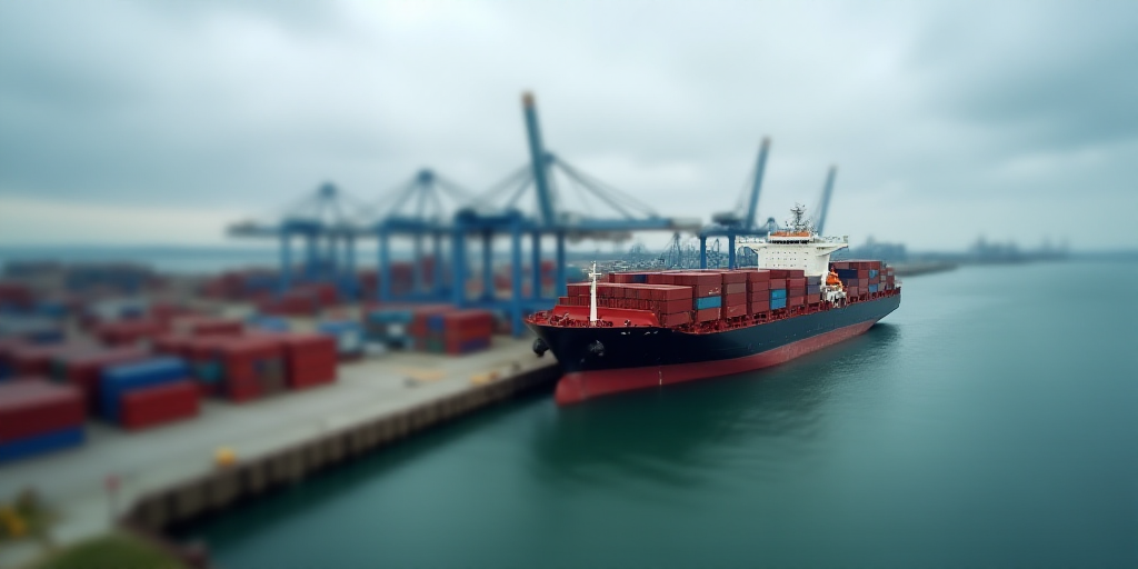 a large cargo ship loaded with containers at a dock in a harbor with a cloudy sky above it and a doc