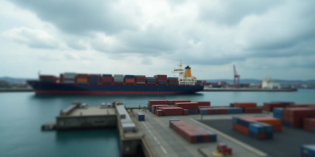a large cargo ship loaded with containers at a dock in a harbor with a cloudy sky above it and a doc