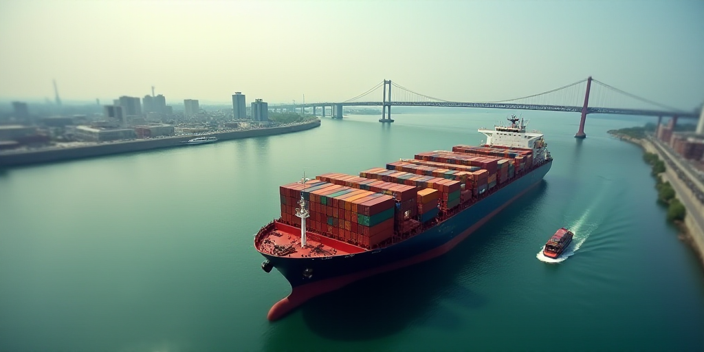 a large cargo ship loaded with containers in a harbor next to a bridge and a river with a boat in it