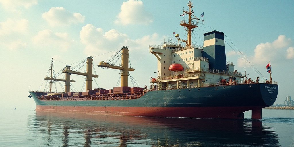a large cargo ship with a crane on top of it's side in the water near a large ship, Edward George Ha
