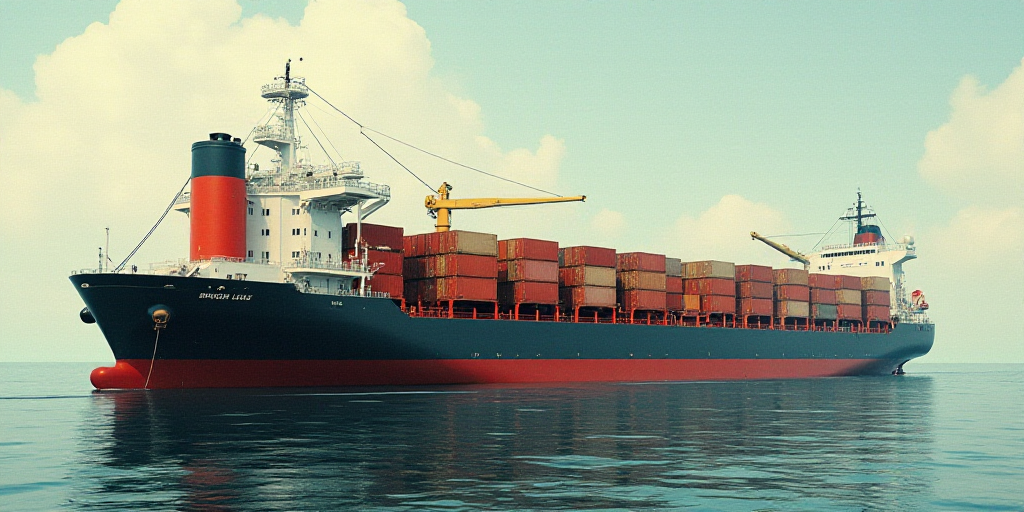 a large cargo ship with a crane on top of it's side in the water near a large ship, Edward George Ha