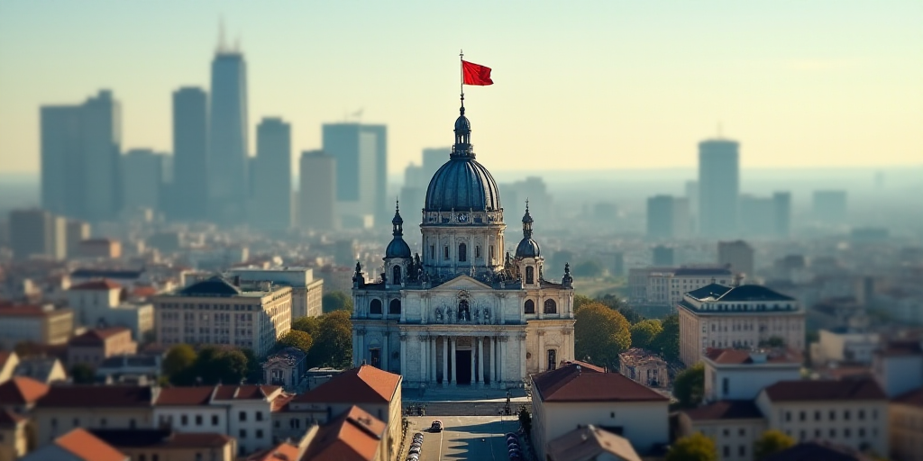 a large cathedral with a flag on top of it in a city with tall buildings and a large flag on top of