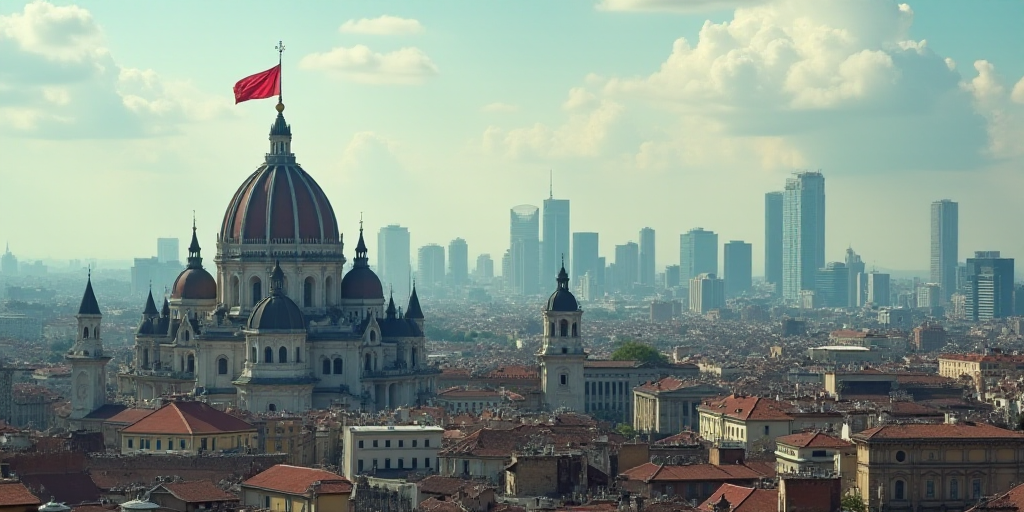 a large cathedral with a flag on top of it in a city with tall buildings and a large flag on top of