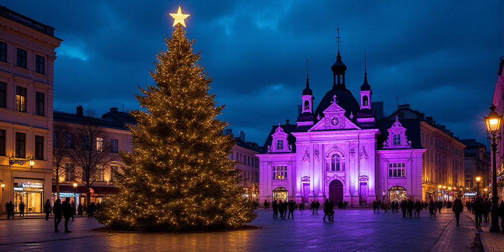 a large christmas tree in a city street with people walking by it and a purple lit up building in th