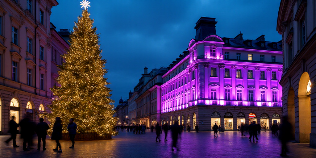 a large christmas tree in a city street with people walking by it and a purple lit up building in th