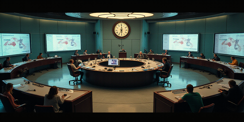 a large circular room with people sitting at tables and a clock on the wall above them is a large ci