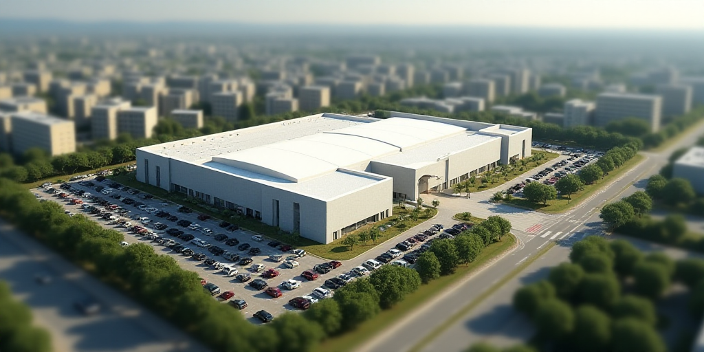 a large city with lots of buildings and lots of cars parked in it's lot area, and a large building w