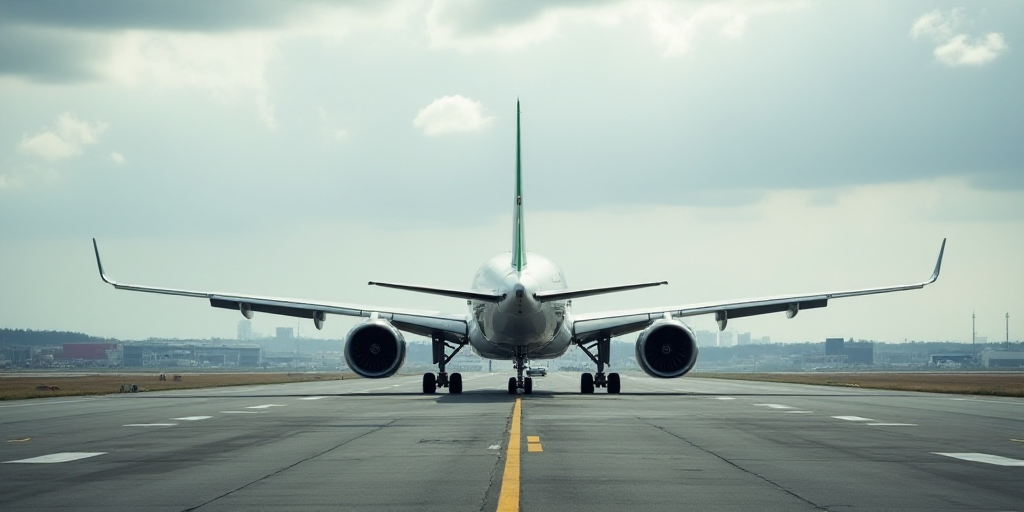 a large commercial airplane sitting on a runway at an airport with a cloudy sky in the background an