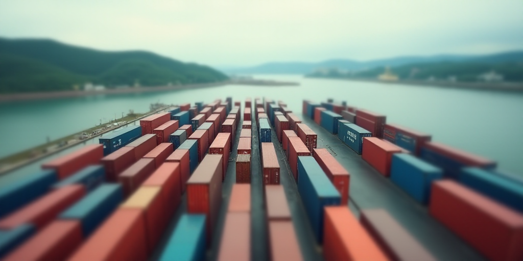 a large container yard with a lot of containers in it and a large body of water in the background, E