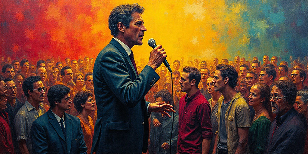 a large crowd of people are gathered around a painting of a man holding a microphone and a microphon