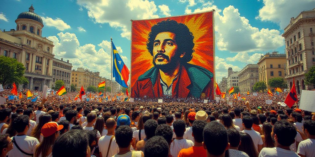 a large crowd of people are gathered together at a rally in brazil, with a large poster of president