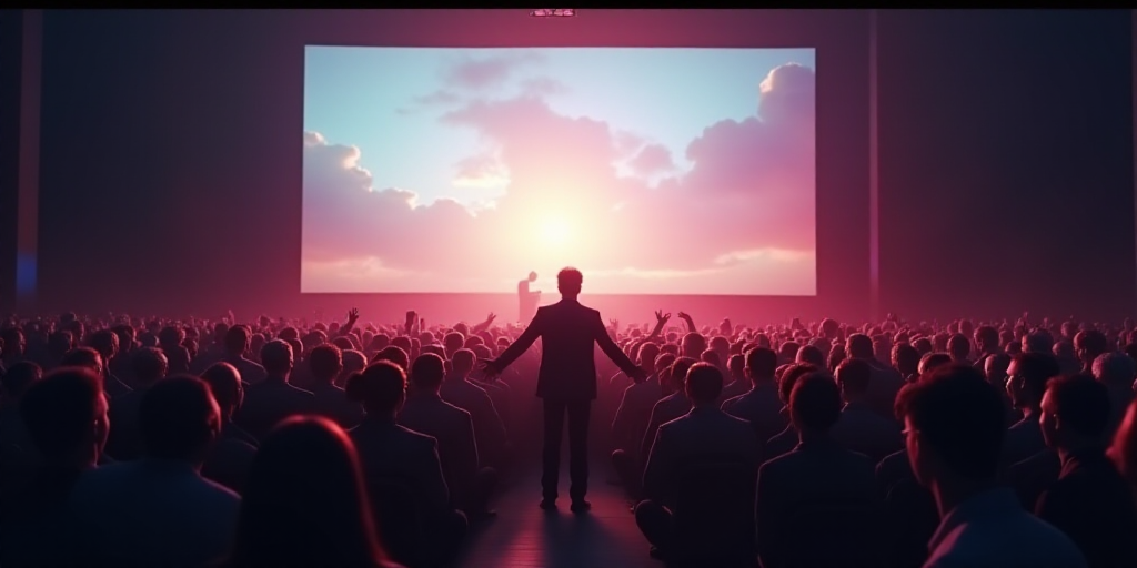 a large crowd of people standing around a stage with a television screen in the background and a man
