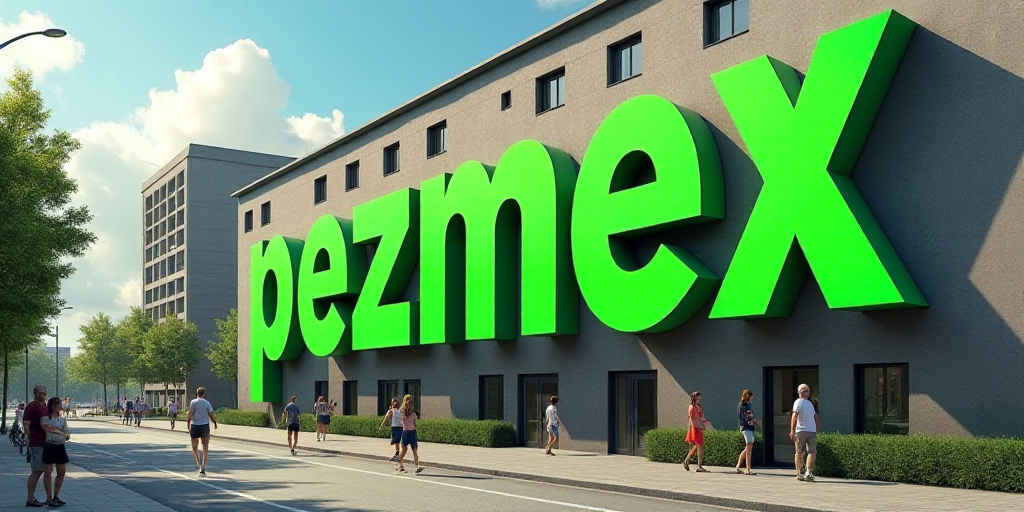 a large green sign that says pezmex on the side of a building with people walking by, Bela Čikoš S