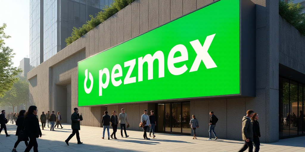 a large green sign that says pezmex on the side of a building with people walking by, Constant Perme