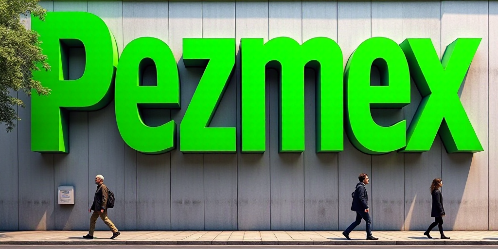 a large green sign that says pezmex on the side of a building with people walking by, Bela Čikoš S