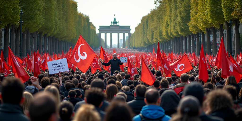 a large group of people holding flags and signs in a street with trees in the background and a build