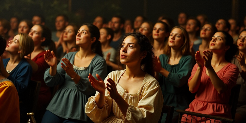 a large group of people sitting in a room with their hands up in the air and clapping to someone, Ad