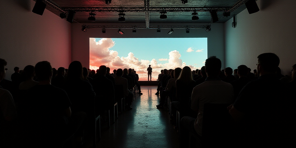 a large group of people sitting in chairs in front of a stage with a large screen on it's wall, Fede