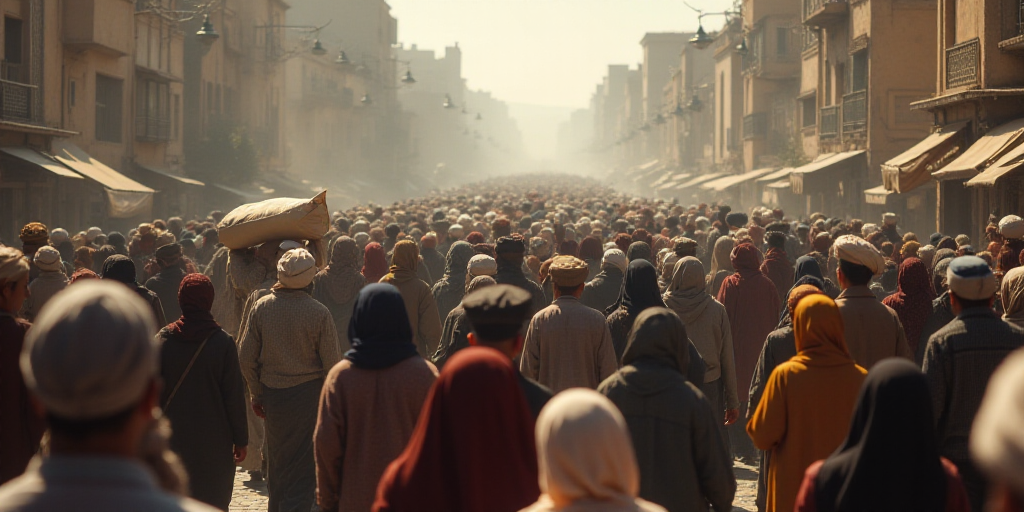 a large group of people walking down a street with bags on their heads and a crowd of people walking