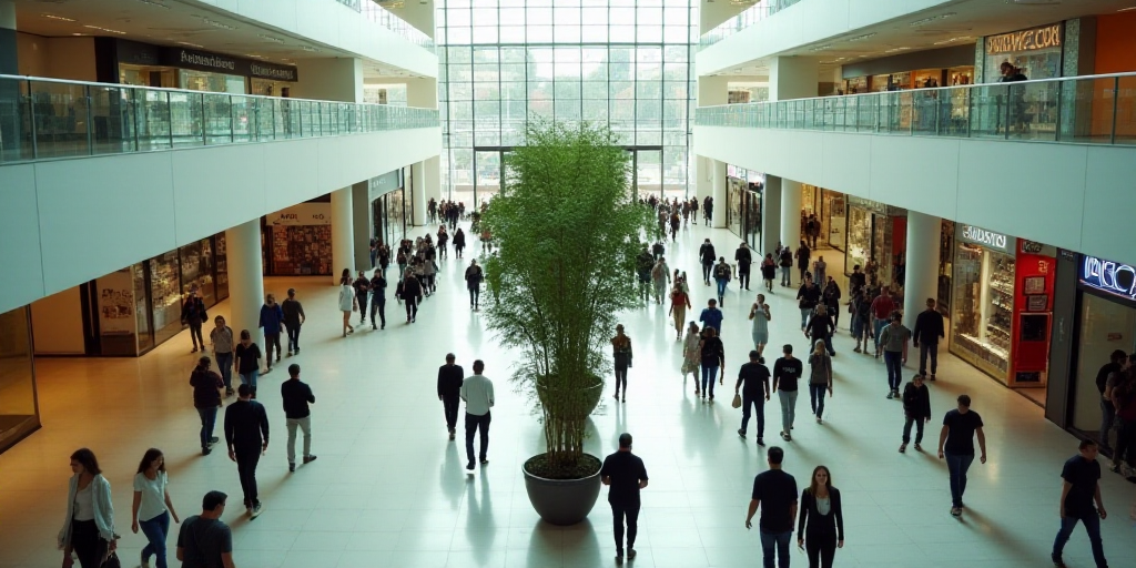 a large group of people walking through a mall with a lot of windows and a plant in the middle, Cefe