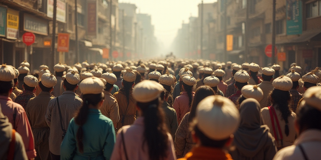 a large group of people walking down a street with bags on their heads and a crowd of people walking