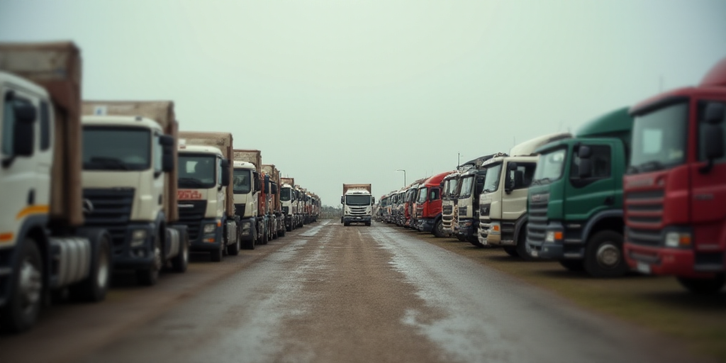a large group of trucks parked in a lot next to each other on a fenced in area with a metal fence, C