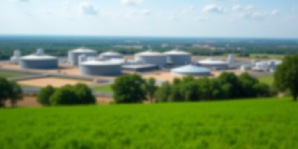 a large industrial area with a lot of tanks and trees in the background and a green field in the for