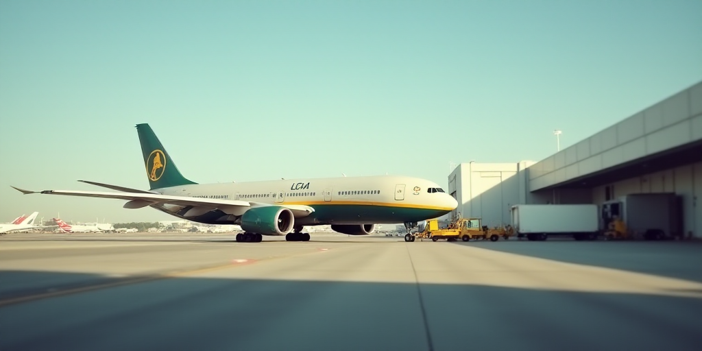 a large jetliner sitting on top of an airport tarmac next to a loading dock and a loading area, Aní