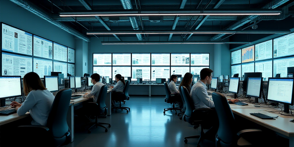 a large office with a lot of desks and monitors on the wall and people working on computers in the m