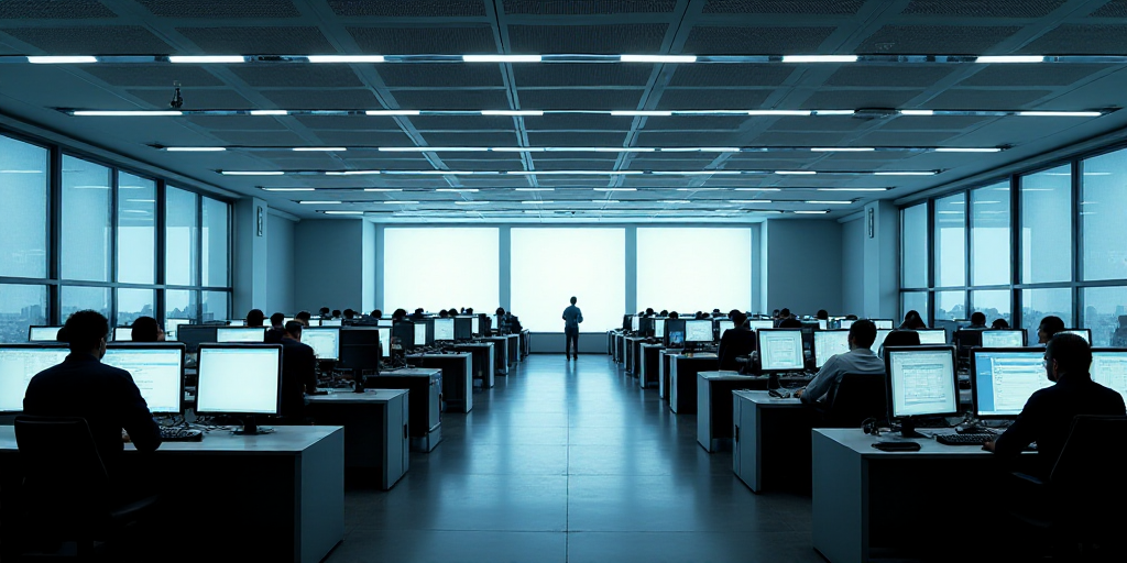 a large office with a lot of desks and monitors on the wall and people working on computers in the m