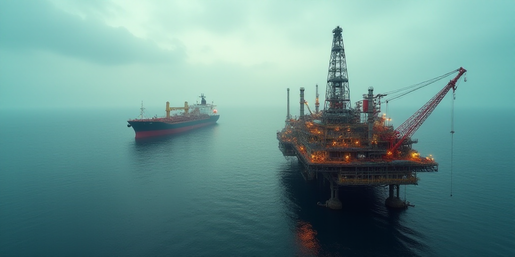 a large oil refinery in the middle of the ocean with a large ship in the background and a large oil