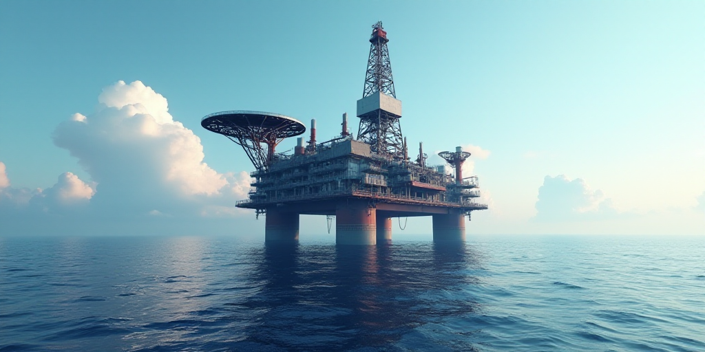 a large oil rig in the middle of the ocean with a sky background and clouds in the background,, Alma